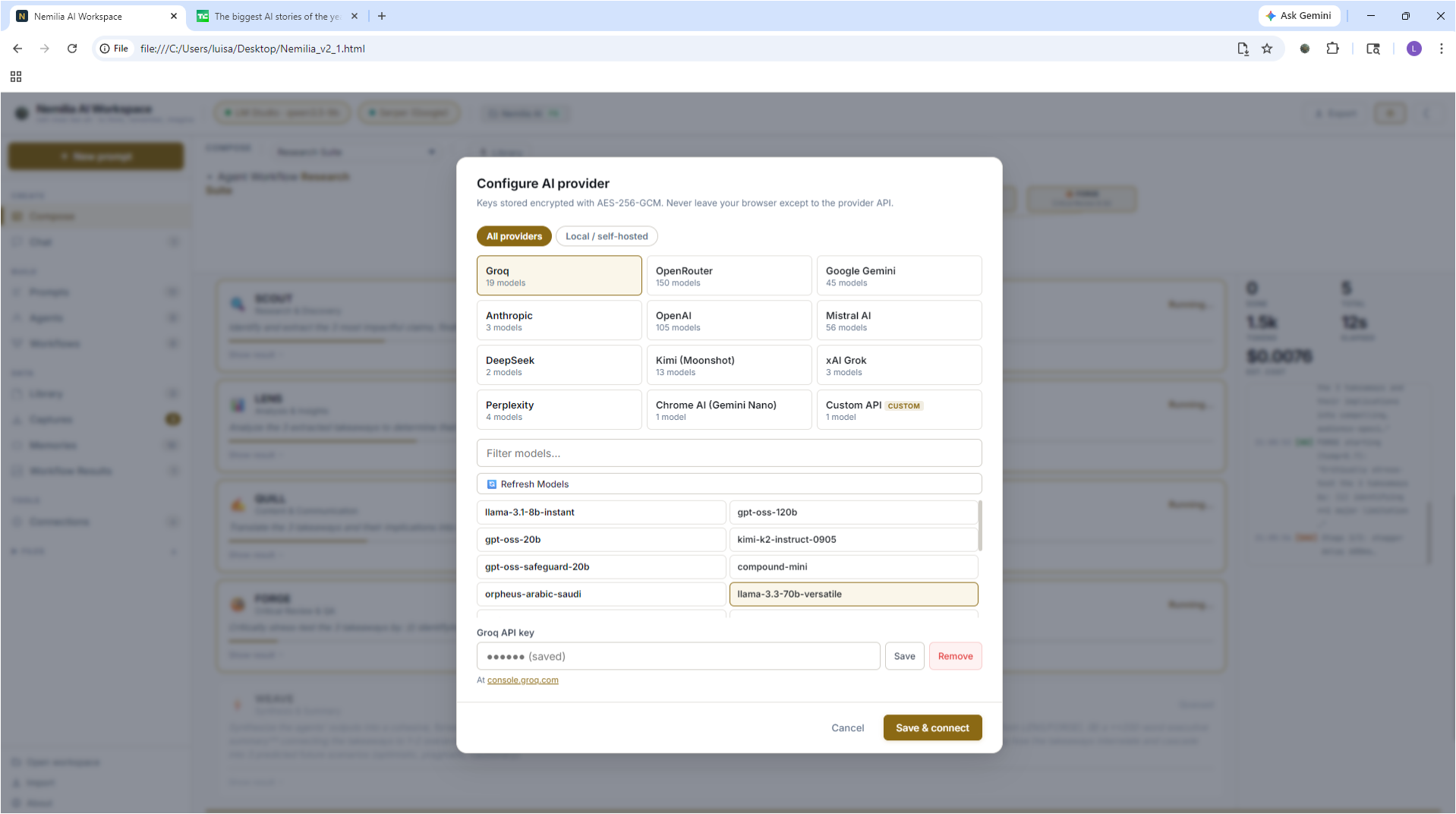 Nemilia AI provider configuration — cloud and local providers