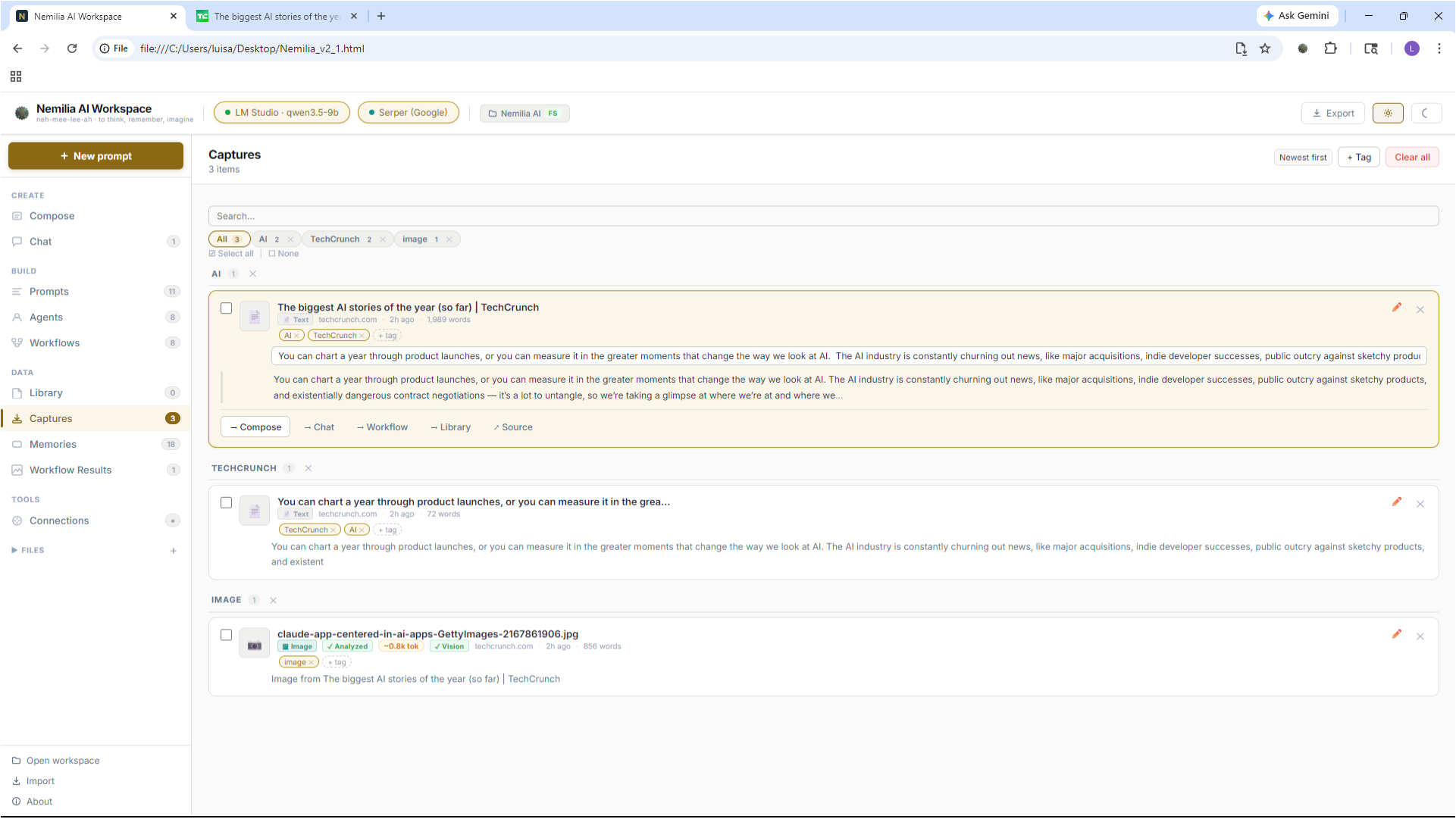 Nemilia Captures inbox — captured items with triage actions