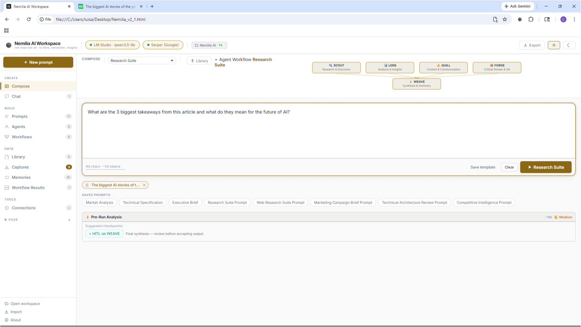 Nemilia AI workspace — Compose view with multi-agent workflow
