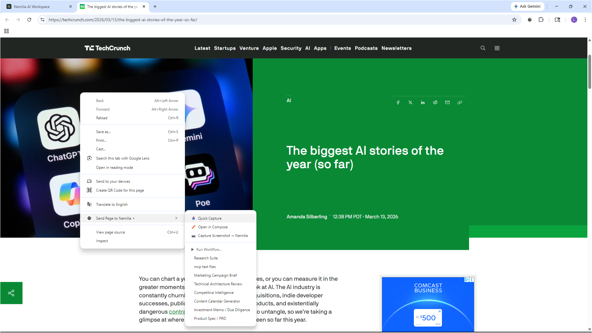 Nemilia Chrome extension right-click context menu