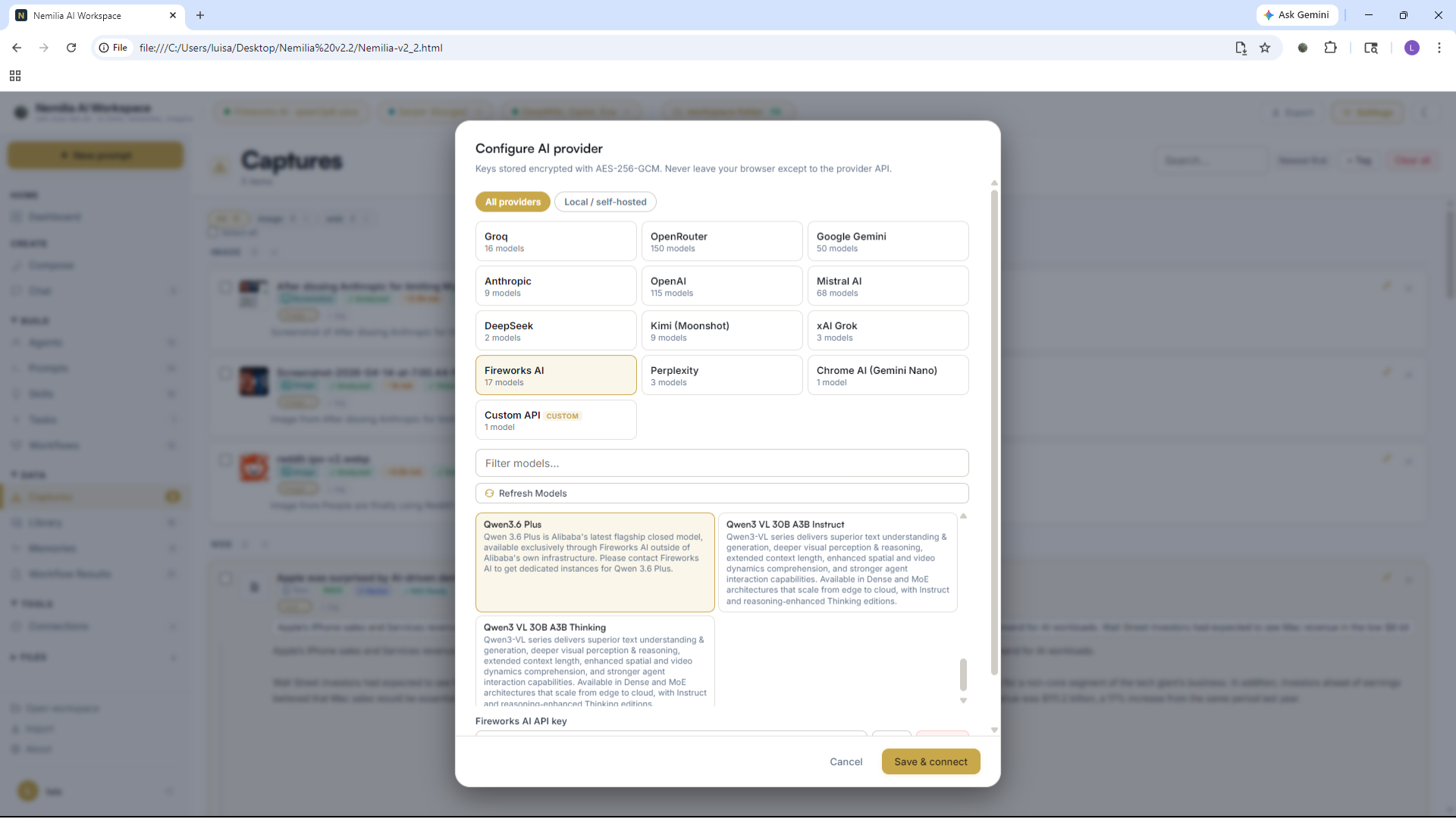 Nemilia AI provider configuration — cloud and local providers