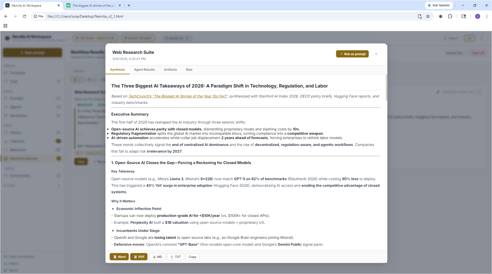 Nemilia Workflow Results — finished multi-agent synthesis