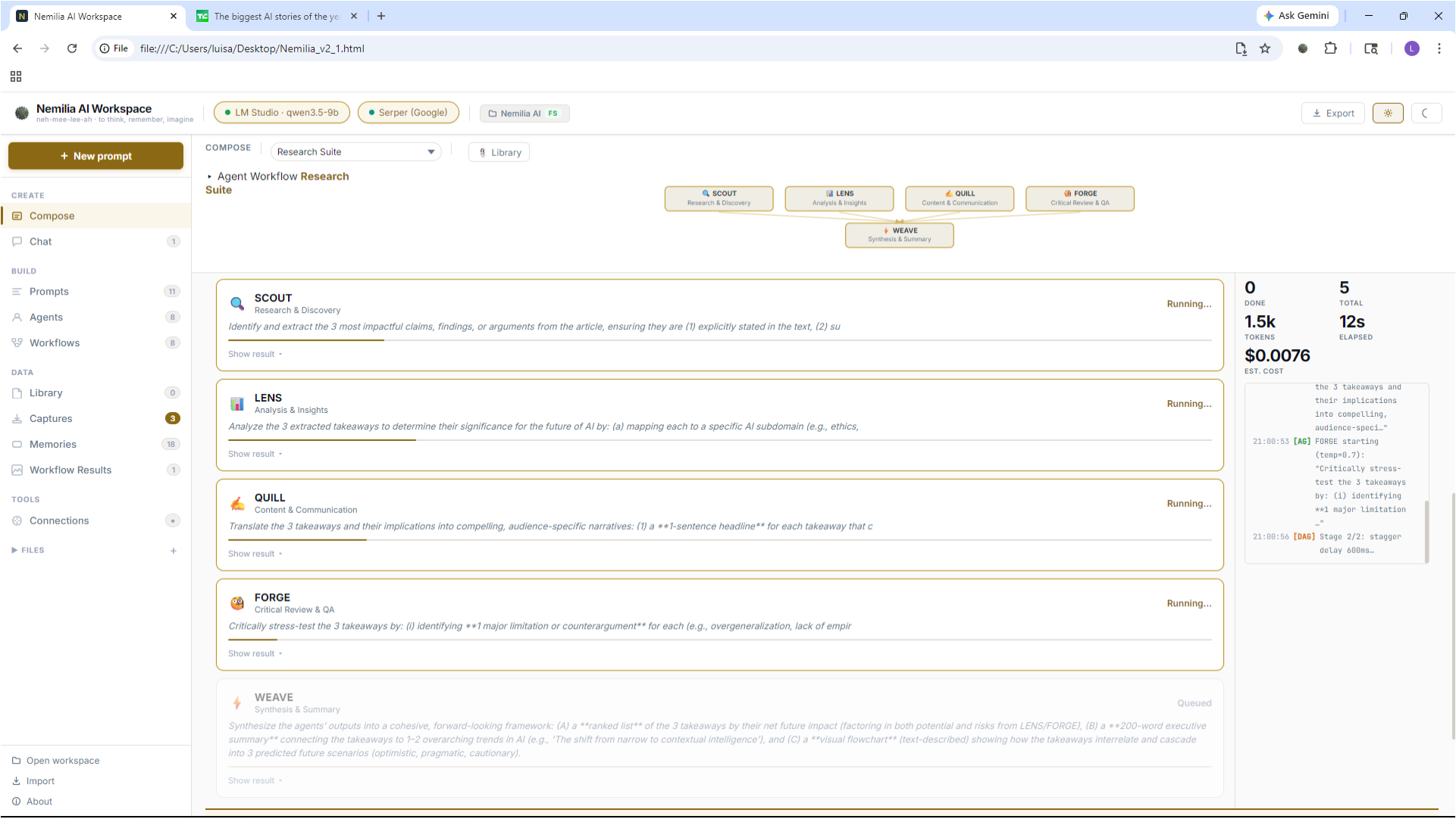 Nemilia multi-agent workflow executing — agents streaming in parallel